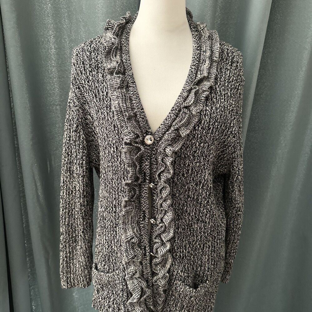 Ruby Rd Women Petite Metallic Ruffled Gray Cardigan Sweater Size 2X